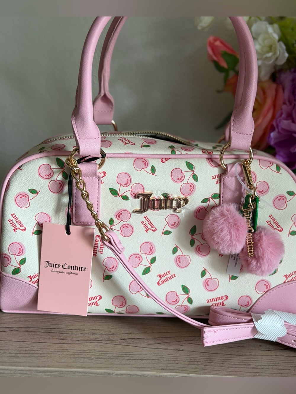 Juicy Couture Cherry Girl Satchel Bag White Pink Gold Faux Fur Charm Viral Y2k